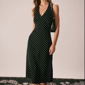 Elegant Black Polka Dot Midi Dress